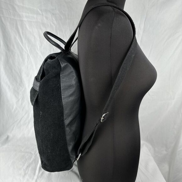  Womens Backpack Bag Purse with Flap Black Suede Leather Mix Minimalist main image 8